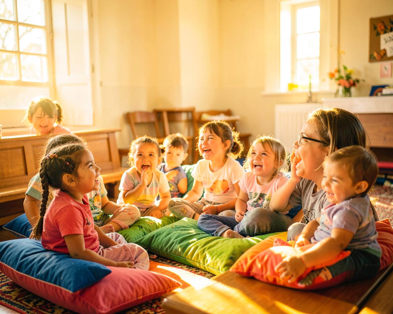 Children learning together in a bright church classroom