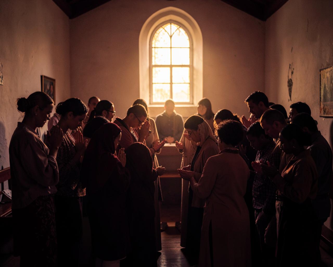 A church prayer group standing together in prayer